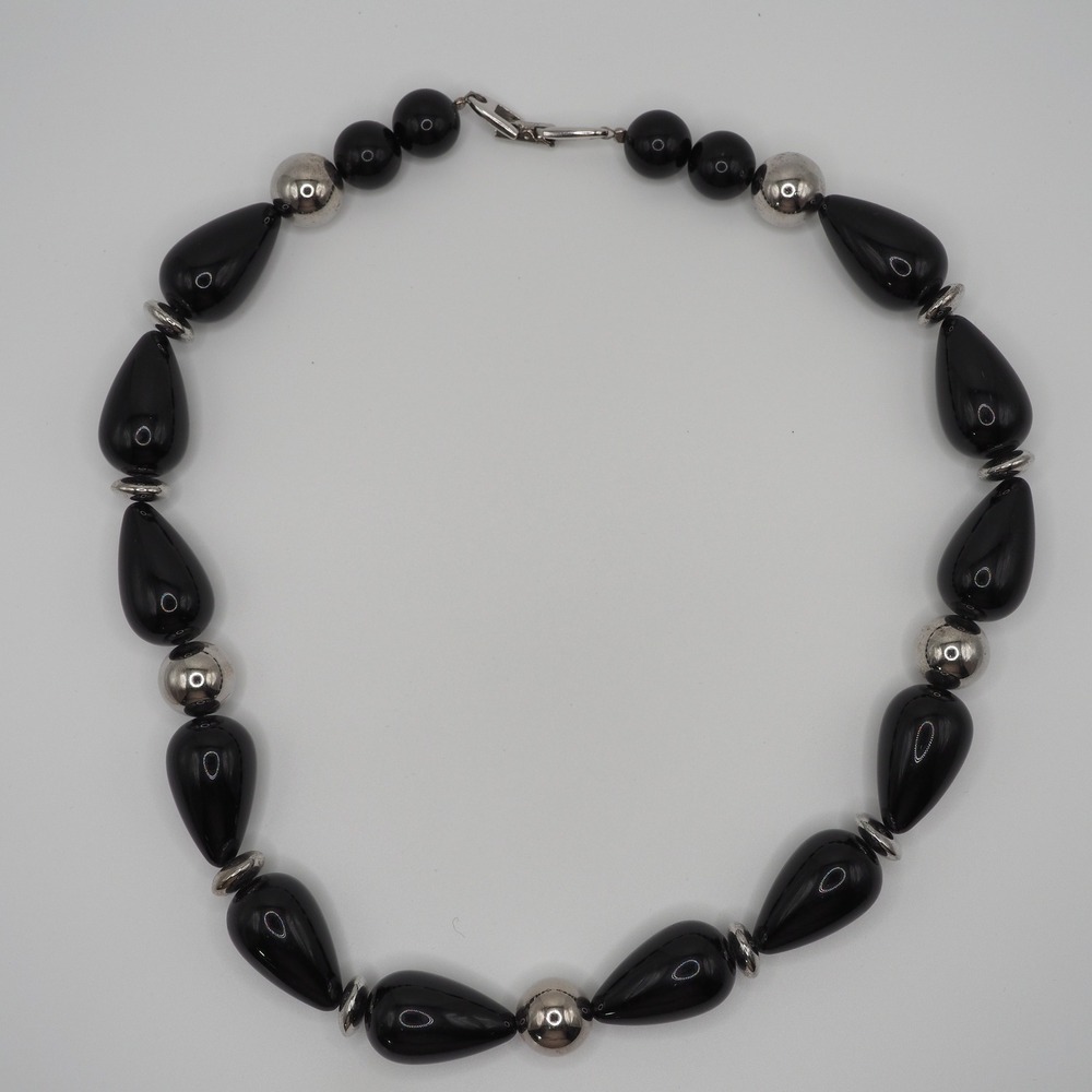 Vintage Napier Necklace Black Teardrop Silver Tone Round Bead 18" 80s Statement